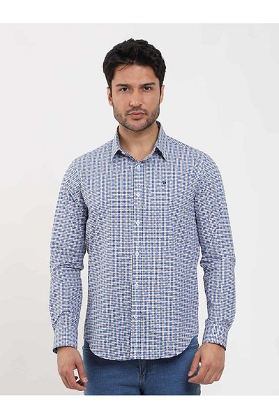 Dufy Men's Blue Slim Fit Polka Dot Shirt - Brent Collar, Long Sleeve -104354
