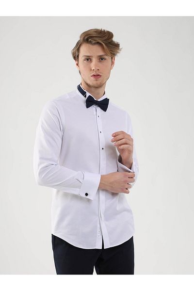 Dufy White Men's Slim Fit Patterned Ata Collar Double Cuffed Sleeve Shirt - 94408