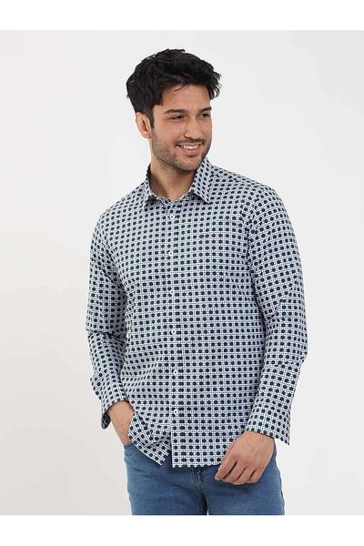 Dufy Men's Green Slim Fit Polka Dot Shirt - Brent Button Collar, Long Sleeve -104339