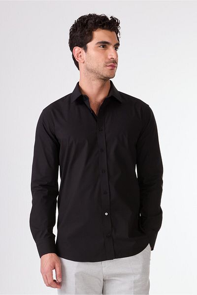 Dufy Cămașă neagră pentru bărbați, slim fit, simplă, clasică, cu mânecă lungă - 103134