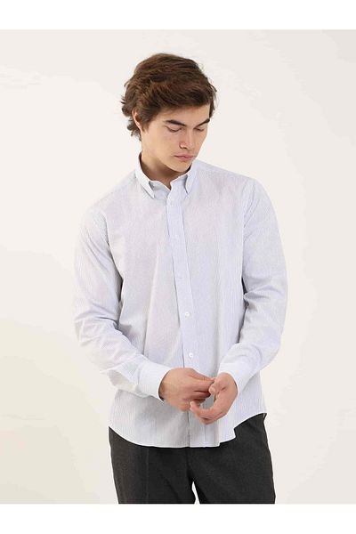 Dufy Navy Blue Men's Regular Fit Striped Buttoned Collar Long Sleeve Shirt - 97936