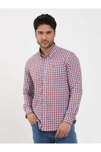 Dufy Men's Red Slim Fit Polka Dot Shirt - Brent Collar, Long Sleeve -104344