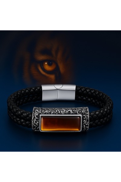 voyageaccessory Vintage Metal Detailed Men's Genuine Leather Tiger Eye Stone Special Design Men's Bracelet