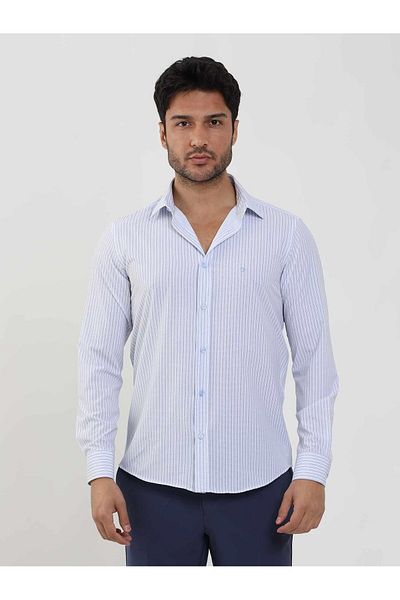 Dufy Men's Slim Fit Blue Striped Shirt - Long Sleeve, Buttoned Collar -104860