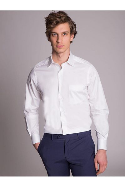 Dufy White Men's Regular Fit Plain Classic Collar Long Sleeve Shirt - 36004