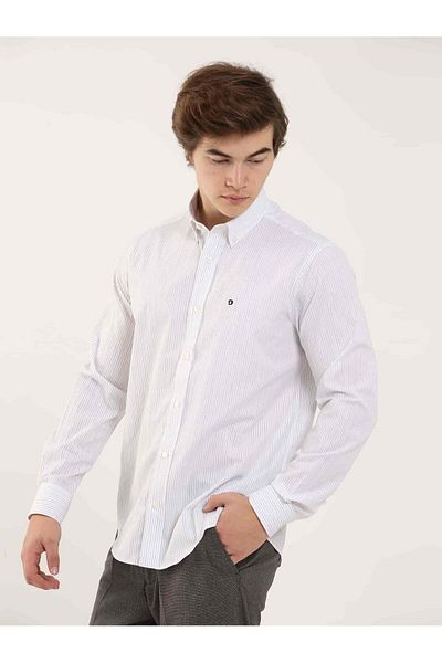 Dufy Mustard Men's Regular Fit Striped Button Collar Long Sleeve Shirt - 97916