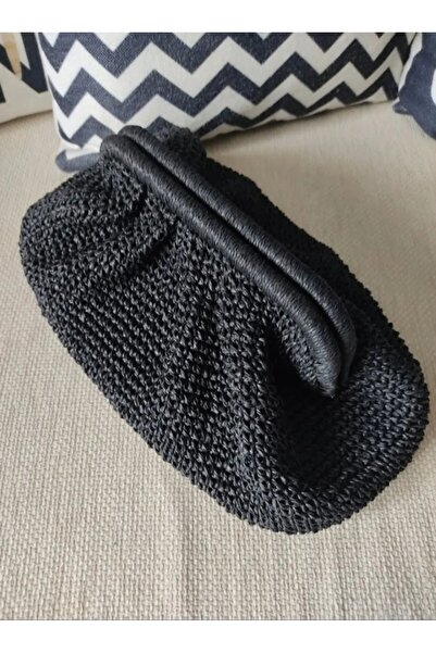 ÖZLEM HANDMADE SİYAH EL ÖRGÜSÜ PİLELİ BURSLU HASIR ÇANTA