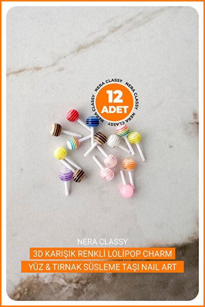 Nera Classy 12 Adet 3D Karışık Renkli Desenli Charm Tırnak Süsü, LoliPop-Kuro...