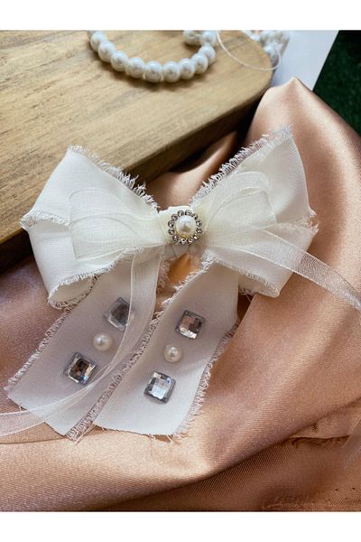GOER STORE Pearl Stone Detailed Ecru Bow Hair Clip-Hair Accessory