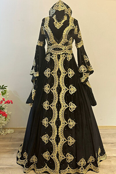 ZK ZÜMRÜT KAFTAN Tesettür Bindallı Kaftan Kadife Abiye Gelin Kına Gecesi Elbisesi TACI -KEMER-KOLYE TARLATAN Hediye