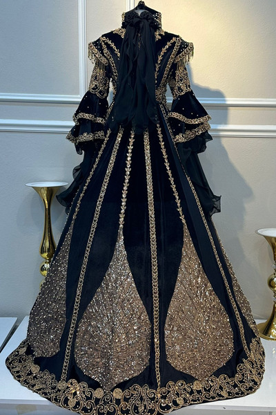 ZK ZÜMRÜT KAFTAN KADİFE BİNDALLI KAFTAN Siyah KINA GECESİ GELİN ELBİSESİ SETİ TAÇ-KEMER-KOLYE + TARLATAN