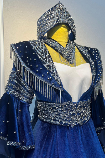 ZK ZÜMRÜT KAFTAN Yeni Model Kadife Lacivert Bindallı Gelin Kına Gecesi Kaftani TAÇ-KEMER-KOLYE + TARLATAN HEDİYE