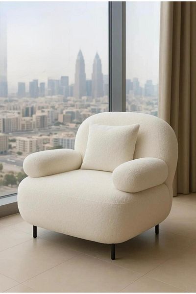MARIA HOMES Modern White Bouclé Lounge Chair with Pillow & Cushioned Armrests – Cozy Accent Seating