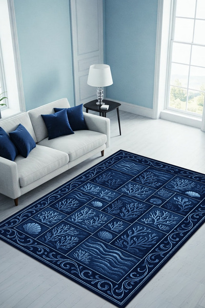 The Reef Design Lacivert Mercan Desenli Patchwork Eskitme Halı Dijital Baskıl...