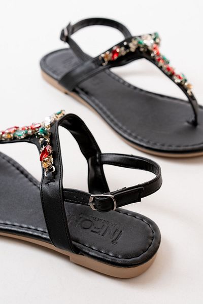 infon shoes creation 152-1110 Sandale de damă cu șlapi cu piatră multiplă negre