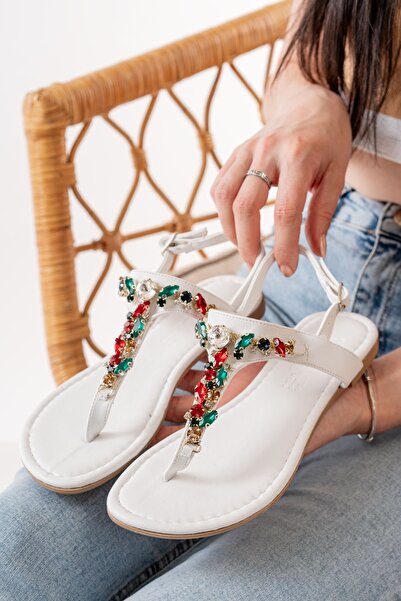 infon shoes creation 152-1110 Sandale de damă cu șlapi cu piatră multiplă albă