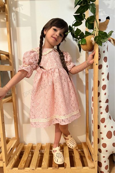 penu baby kids Rochie pentru fetiță și fetiță cu mânecă scurtă din dantelă cu modele florale roz și detaliu de fisto - Angelika