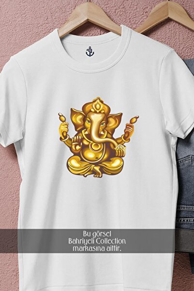 Bahriyeli Collection oversized Ganesha Ganesh Chaturthi Illustration Unisex T-Shirt με χρυσό σχέδιο