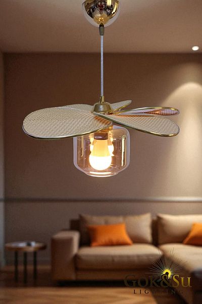 Göksu Lighting Rattan Propeller Model Pendant Lamp Chandelier Living Room Hall Entrance Kitchen