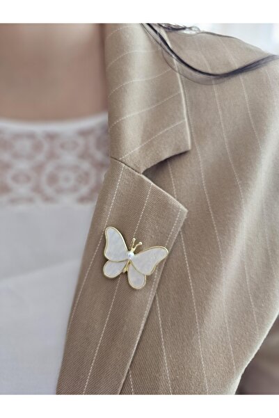 Cinderella Zarif İncili Taşlı Beyaz Kanatlı Kadın Kelebekli Broş - Arkadaş Hediyesi Yaka İğnesi Rozet