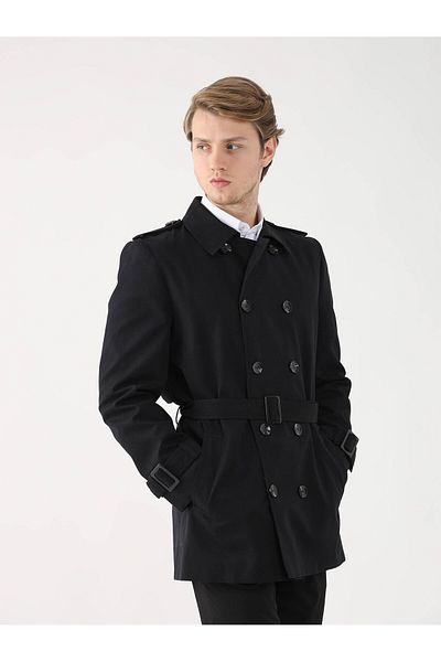 Dufy Black Men's Regular Fit Straight Double Breasted Collar Trench Coat - 96440
