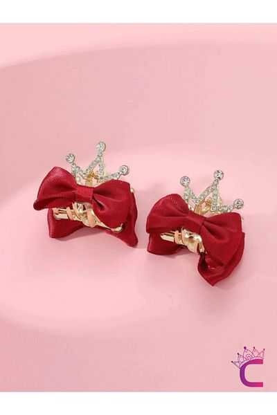 Cinderella 2 Pack Bow Ribbon Queen Crown Crystal Stone Hair Clip Red - Children's Birthday Princess Crown