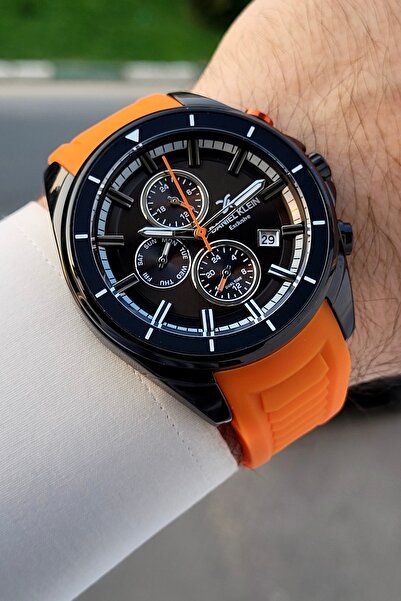 Daniel Klein 45 Mm Kasası Siyah Kordonu Turuncu Renk Fonksiyonlu Erkek Kol Saati
