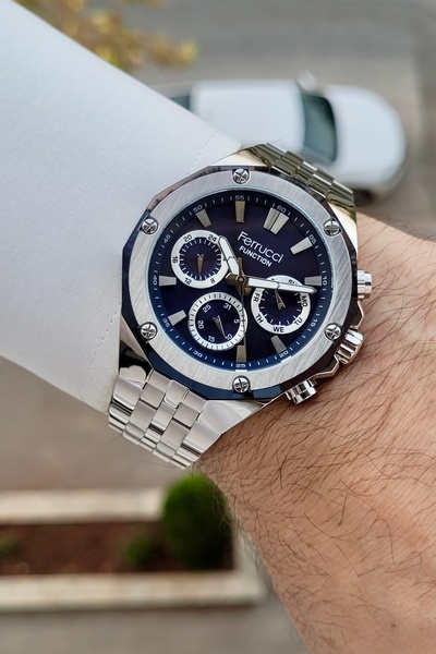 Ferrucci Kadranı Lacivert Kordonu Silver Renk Fonksiyonları Aktif 45 Mm Erkek...