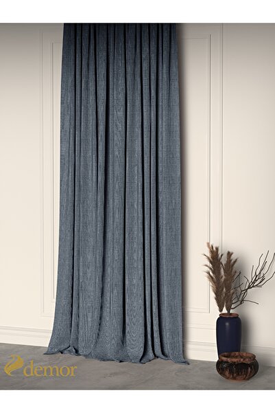 Demor Home Midnight Blue Linen Textured Pleated High Quality Background Curtain