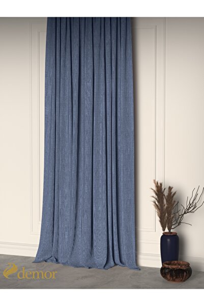 Demor Home Indigo Color Linen Textured Pleated High Quality Background Curtain