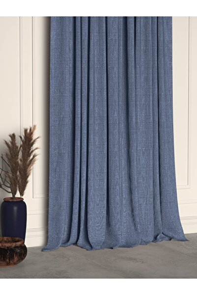 Demor Home Indigo Color Linen Textured Pleated High Quality Background Curtain