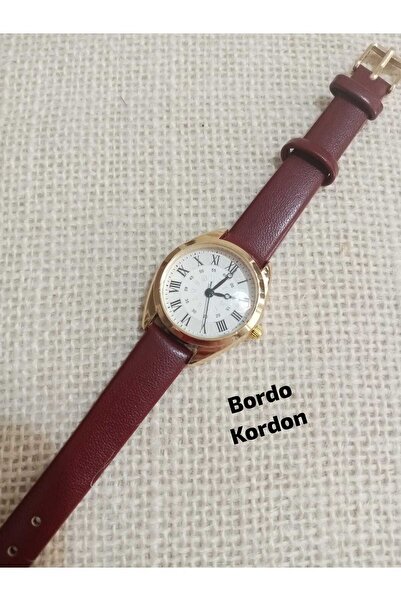 QUARTZ Minimal Vintage Women's Wristwatch Retro Burgundy Cord Round Roman Numeral Model 0152