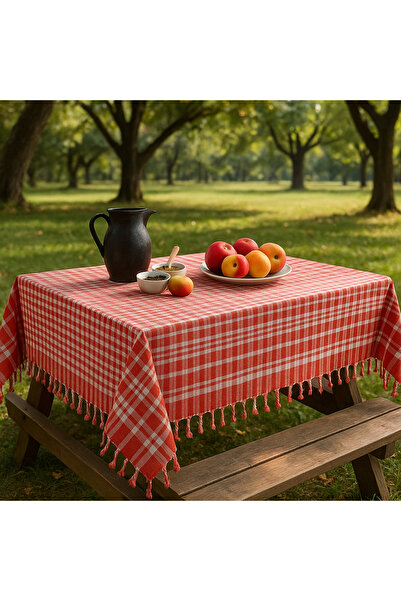 ROZET TEKSTİL Çok Amaçlı Sofra Bezi&Piknik Örtüsü&Masa Örtüsü Pötikare Desenli Saçağı Bağlamalı Masa Örtüsü