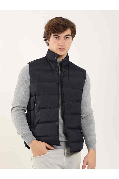 Dufy Navy Blue Men's Regular Fit Straight Stand Collar Puffer Vest - 96357