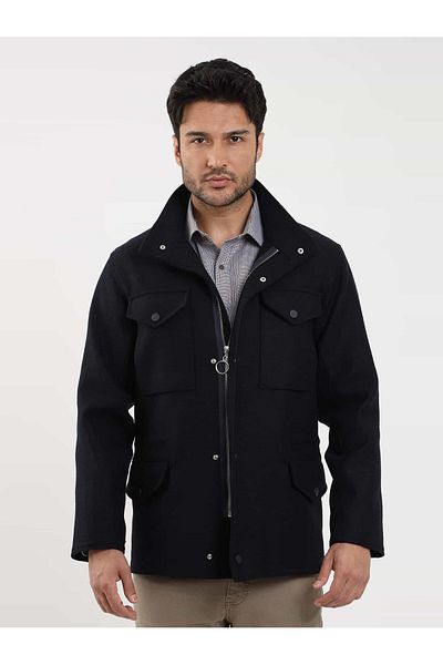 Dufy Men's Navy Blue Regular Fit Plain Casual Coat - 98145