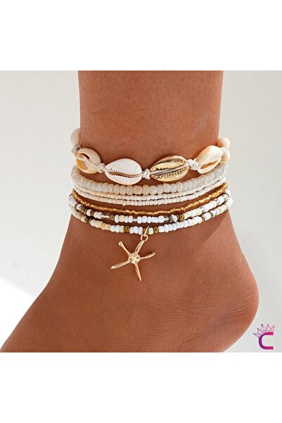 Cinderella خلخال نسائي مكون من 7 قطع من Starry Seashell - خلخال صيفي مطرز بالأحجار الكريمة