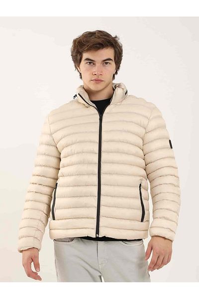 Dufy Beige Men's Slim Fit Straight Stand Collar Puffer Jacket - 96284