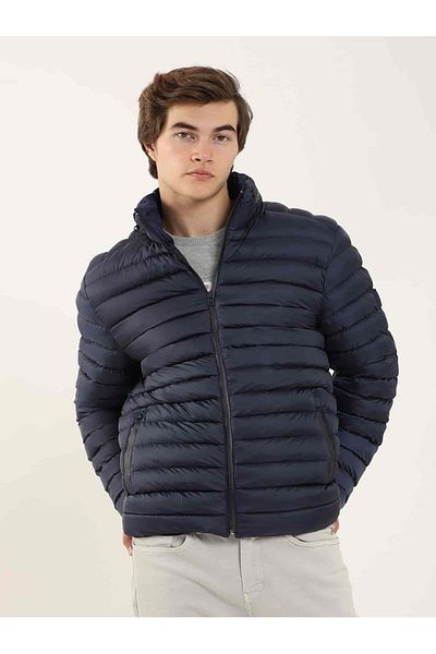 Dufy Navy Blue Men's Slim Fit Straight Stand Collar Puffer Jacket - 96279