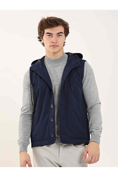 Dufy Lacivert Erkek Slim Fit Düz Casual Kapüşonlu Yelek Mont