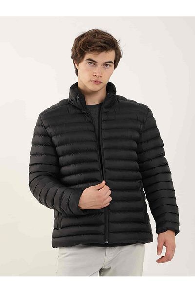 Dufy Black Men's Slim Fit Straight Stand Collar Puffer Jacket - 96294