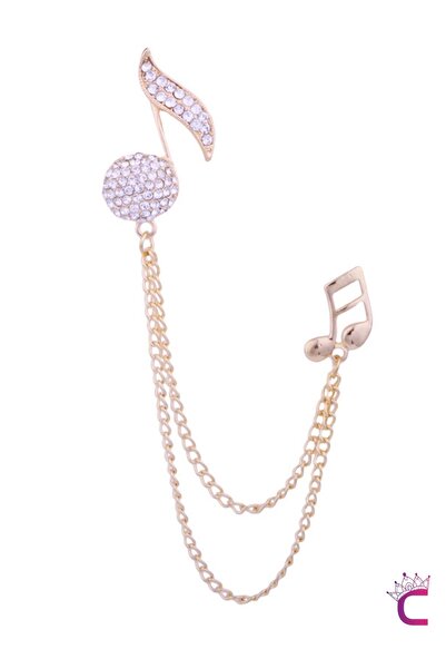 Cinderella Müzik Notası Zirkon Taşlı Zincirli Broş Gold - Hediyelik Damat Yak...