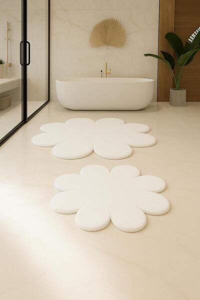 BESELY 2'Li Beyaz Banyo Halısı Yumuşak Post Peluş Klozet Takımı Makinede Yıka...