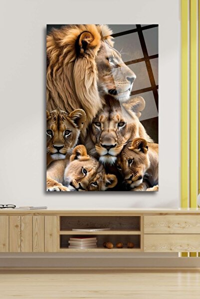 HMDS CONCEPT Pictură cu trei copii din familia de lei, pictură din sticlă rezistentă la spargere 339