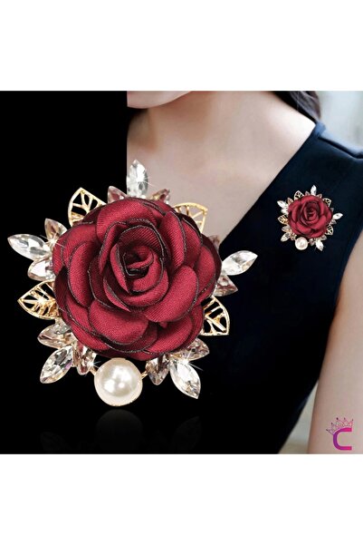 Cinderella İncili Kristal Taşlı Kırmızı Kumaş Çiçek Gül Broş - Gold Yaprak Ya...