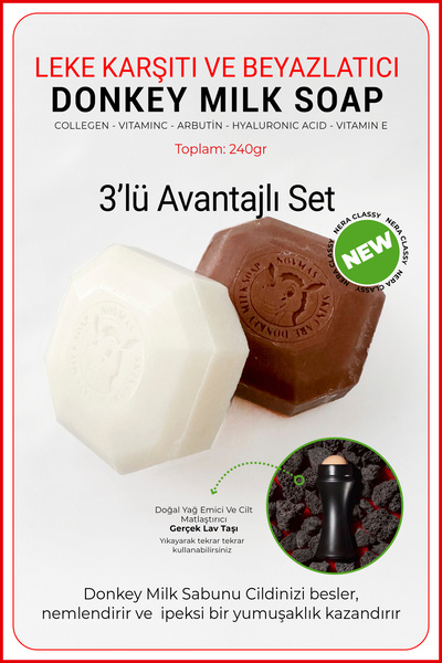 Nera Classy Set of 3 Anti-Blemish & Skin Tone Equalizing Donkey Milk Soap 240Gr & Oil Absorbing Lava Stone Set