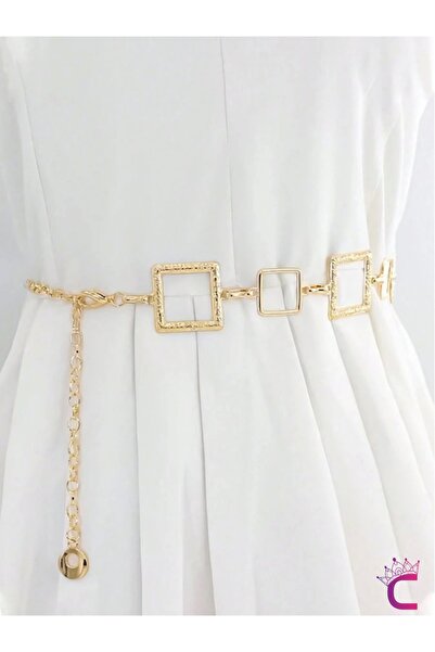 Cinderella Ayarlanabilir Metal Kare Gold Bel Zinciri Kemeri - Elbise Kot Pant...