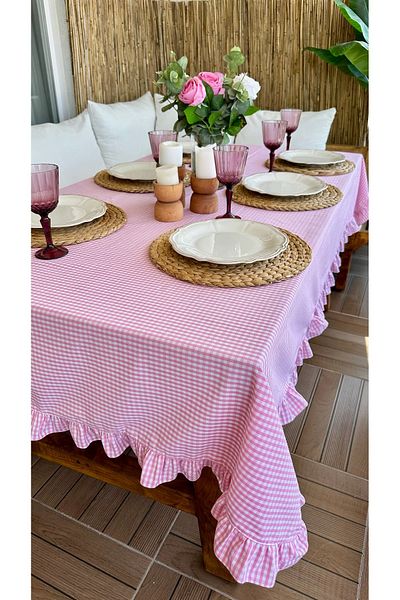 Decamor home Linen Stain Resistant Emerald Green Gingham Ruffled Table Cloth