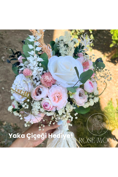 Tasarım Rosemoon El Yapımı - Orta Boy - Toz Bembe Gelin Buketi – Okaliptüs Ya...