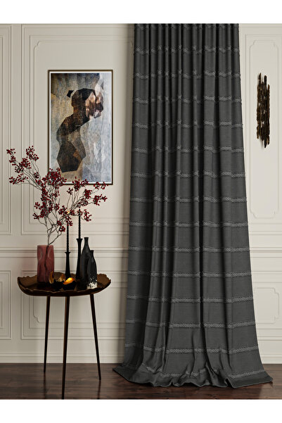 OnyxHome Lorenzo Linen Bearded Fon Curtain Anthracite Gray