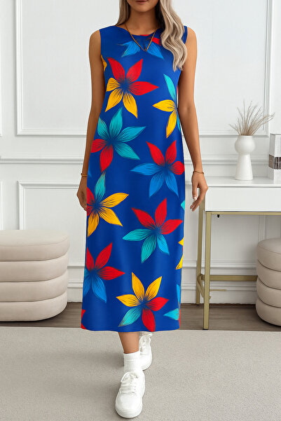 ESPİNA Women's Slit Cotton Combed Floral 125 cm Casual Dress